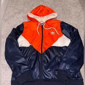Vintage Adidas Full Zip Fleece Windbreaker Jacket w/ Hood ORANGE WHITE Blue L